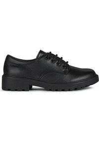 Scarpe in pelle nera con lacci, punta arrotondata, superficie texture e suola in gomma spessa con motivi di aderenza. Design elegante e resistente.