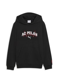 Sweat à capuche noir en tissu doux avec une poche kangourou, arborant l'inscription "AC MILAN" en lettres blanches et rouges avec des accents de flammes.