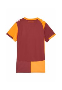 Maglia da calcio con corpo color maroon e dettagli arancioni sulle maniche e sull'orlo, realizzata in tessuto traspirante e con scollatura a girocollo.