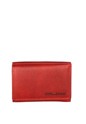 Red leather wallet with a smooth texture, bi-fold design, and stitched accents. Features embossed branding on the front.