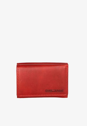 Portafoglio rosso in pelle con una texture liscia, design pieghevole a due ante e dettagli cuciti. Presenta il marchio impresso sulla parte anteriore.