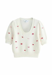 Witte gebreide trui met een diepe V-hals, korte pofmouwen en meerkleurige bloemrijke borduursels in roze en rood.