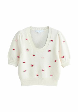 Weißer Strickpullover mit tiefem V-Ausschnitt, kurzen Puffärmeln und mehrfarbiger Blumenstickerei in Rosa und Rot.