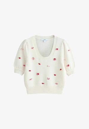 Weißer Strickpullover mit tiefem V-Ausschnitt, kurzen Puffärmeln und mehrfarbiger Blumenstickerei in Rosa und Rot.