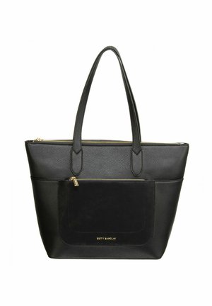 Sac cabas noir en cuir texturé avec une poche avant en daim et une fermeture éclair dorée. Dispose de deux bretelles d'épaule et d'un design épuré.