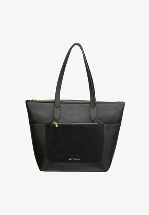 Sac cabas noir en cuir texturé avec une poche avant en daim et une fermeture éclair dorée. Dispose de deux bretelles d'épaule et d'un design épuré.