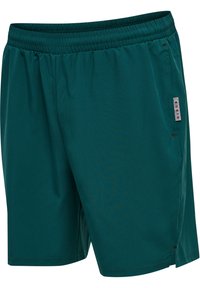 Türkisfarbene Sportshorts aus leichtem Material mit einem elastischen Bund, Seitentaschen und einem kleinen Markenetikett am linken Bein.