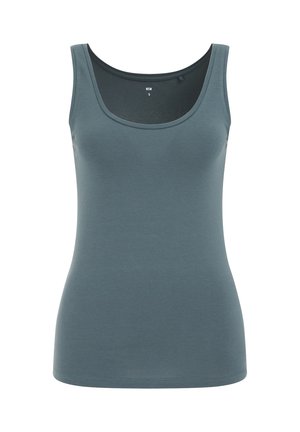Bezrukávový top v jemnej teal farbe. Mäkká, hladká látka s okrúhlym výstrihom a priliehavým strihom. Veľkostná etiketa označuje veľkosť S.