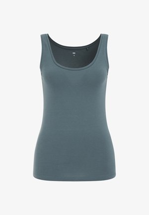 Bezramenný top v tlumené teal barvě. Měkká, hladká tkanina s kulatým výstřihem a přiléhavým střihem. Na velikostní štítku je uvedena velikost S.