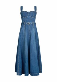 Denimkleid mit tailliertem Oberteil, weitem Rock und verstellbaren Trägern. Verfügt über eine taillierte Taille und kontrastierende Nähte.