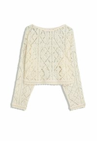 Cream crochet pullover with long sleeves, featuring a diamond pattern and scalloped hem. Lightweight, open-knit texture.