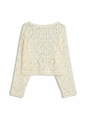 Pull en crochet crème avec des manches longues, présentant un motif en diamant et un ourlet festonné. Texture légère et en maille ajourée.