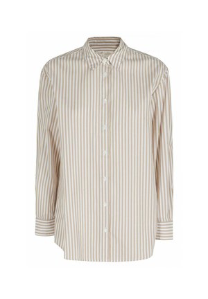 Camicia beige e bianca a righe verticali, a maniche lunghe con bottoni, colletto e polsini, mostrata su sfondo bianco.