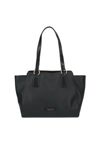 Borsa a tracolla in pelle nera con doppi manici, anelli color oro e una piccola placca rettangolare con il logo del brand sul davanti.