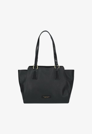 Borsa a tracolla in pelle nera con doppi manici, anelli color oro e una piccola placca rettangolare con il logo del brand sul davanti.