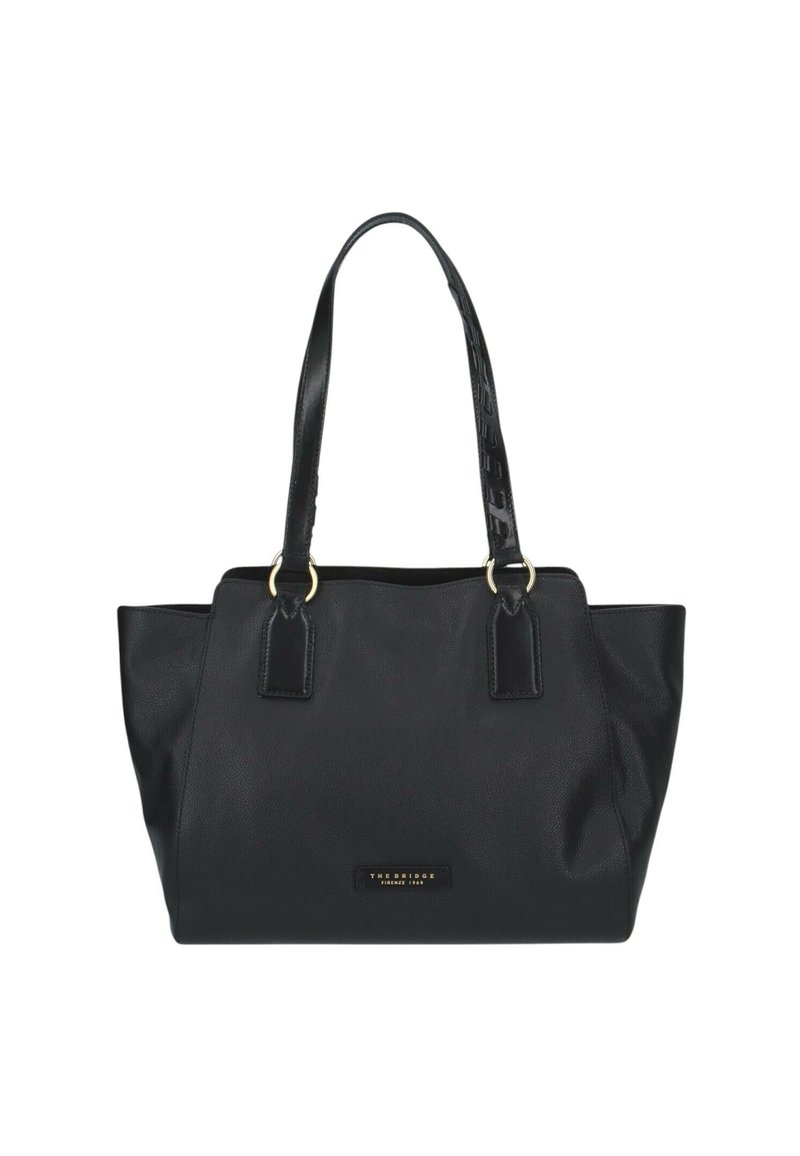 Borsa a tracolla in pelle nera con doppi manici, anelli color oro e una piccola placca rettangolare con il logo del brand sul davanti.