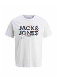 Balts kokvilnas T-krekls ar grafisku tekstu, uz kura redzams "JACK & JONES" krāsainos rakstos un zem tā - "Essentials" slīprakstā.