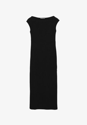 Zwarte, mouwloze lange jurk met een boothals en een rechte silhouet.