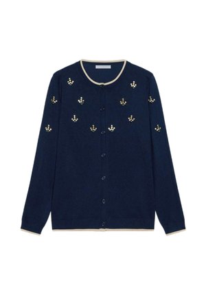 Navyblå knaplukket cardigan med beige kant og guldglitrende blomsterklynger på front og ærmer.