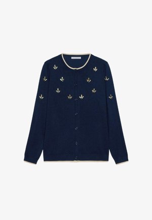 Cardigan azul marino con botones, ribete beige y grupos de flores de lentejuelas doradas en el frente y las mangas.