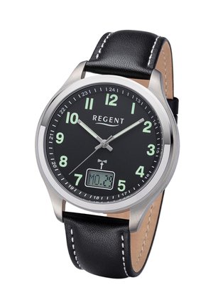 Montre analogique ronde avec un cadran noir, des chiffres verts lumineux, un boîtier en acier inoxydable et un bracelet en cuir noir avec des coutures blanches. Affichage numérique inclus.
