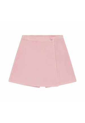 Hellrosa A-Linien Minirock mit asymmetrischer Frontklappe und einem einzelnen Knopfverschluss an der Taille.