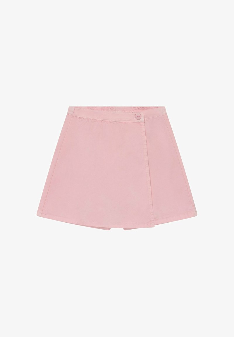 Mini-jupe trapèze rose clair avec un rabat asymétrique à l'avant et une fermeture par un bouton unique à la taille.