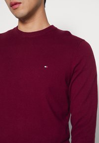 Muž oblečený v jednoduchém vínovém svetr s kulatým výstřihem, na levé části hrudi má malou červenou, bílou a modrou obdélníkovou nálepku, na bílém pozadí.