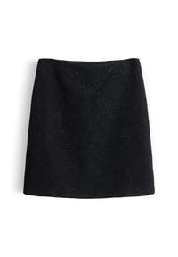 Schwarzer Rock aus strukturiertem Stoff, der einen subtilen Glanz aufweist. A-Linienform mit hoher Taille und ohne sichtbare Verschlüsse oder Verzierungen.