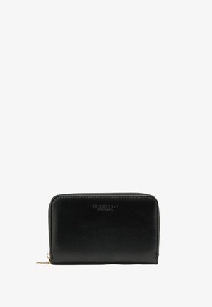 Black leather zip-around wallet with gold zipper and Seidenfelt logo embossed on the front.