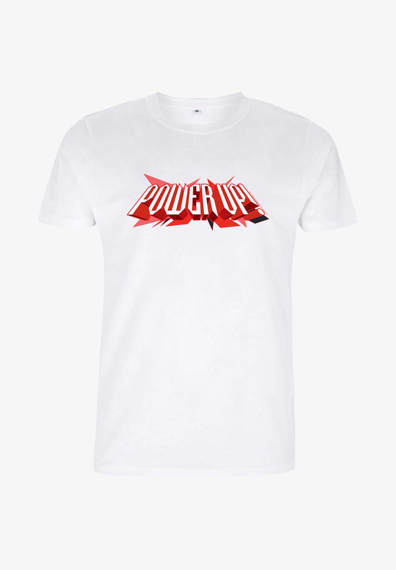 Vit bomulls t-shirt med en djärv röd "POWER UP!" grafik med skarpa kanter och accenter, vilket skapar en slående visuell design.