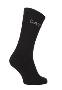 Schwarze Crew-Socke aus Baumwollmischung mit geripptem Muster. Mit einem dezenten grauen Logo an der Oberseite. Standard-Sockenform mit verstärktem Absatz.