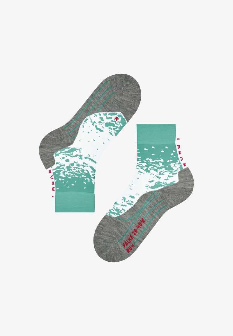 Chaussettes avec un motif éclaboussé vert menthe et blanc, rehaussé de détails gris, fabriquées à partir d'un matériau doux et texturé. Marquages de taille inclus.