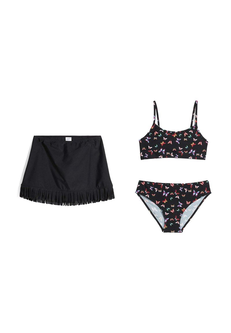 Gonna da bagno nera con frange, top e fondo bikini con stampa di farfalle multicolore, materiale morbido, spalline regolabili, motivi a contrasto.