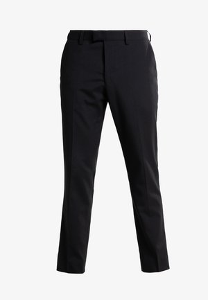 Black tailored trousers with a straight fit, made from a smooth fabric. Features a flat front, belt loops, and a clean cut for a polished appearance.