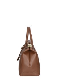 Borsa a mano in pelle marrone con una forma strutturata, due manici superiori e dettagli in metallo dorato. Esterno testurizzato con un design a plissettature.