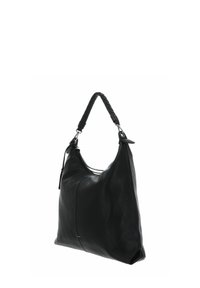 Sac d'épaule en cuir noir au design décontracté, avec une poignée tressée et une texture subtile. Comprend des accents métalliques et une fermeture éclair.