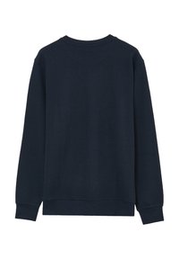 Dunkelblaues Langarm-Sweatshirt aus Baumwolle mit geripptem Muster, Rundhalsausschnitt und gerippten Ärmeln. Einfaches, klares Design.
