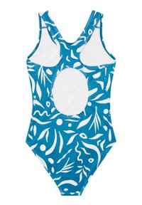 Jednodílné plavky v teal barvě s bílými abstraktními vzory listů a tvarů, designem s závodním zadním výstřihem a otevřeným výřezem na zádech.