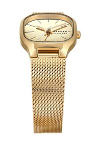 Gold-tone watch with a square case and mesh band. The dial features gold hands and markers, with an embossed brand name at the center.
