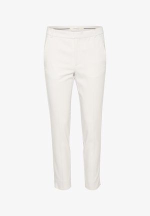Bílé upravené kalhoty s hladkou texturou, přímým střihom, předními a zadními kapsami a skrytým zipovým zapínáním.