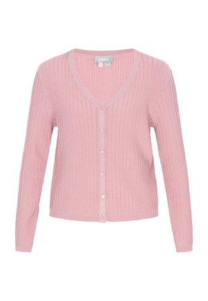 Geribbelde roze cardigan met een V-hals, lange mouwen en vijf knoopsluitingen. Zachte textuur en een aangesloten ontwerp voor een strakke pasvorm.