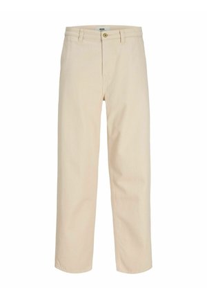 Bézs egyenes szárú nadrág övbújtatóval, gombos záródással és cipzáras sliccel, sima anyagból készült.