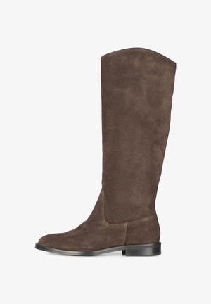 Botte marron en daim montant jusqu'au genou, avec un bout arrondi et un talon bas. Texture lisse avec peu de coutures et un design simple et dépourvu d'ornement.