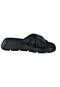 Sandal in pelle nera senza lacci con design a fascia intrecciata, sottopiede imbottito e suola in gomma spessa. Presenta una texture liscia e bordi arrotondati.