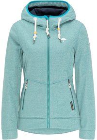 Función: Sudadera de color verde claro hecha de tejido texturizado, con cremallera en el frente, capucha con cordón, bolsillos laterales y ribetes en contraste a lo largo de la capucha y la cremallera.