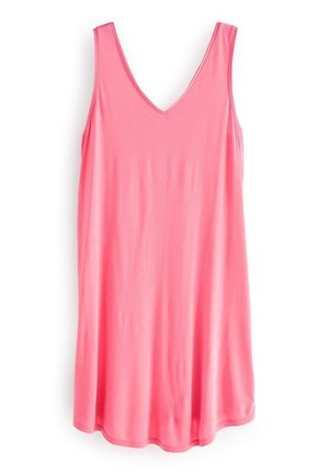 Robe rose sans manches avec un décolleté en V et un ourlet légèrement évasé, présentée sur fond blanc.