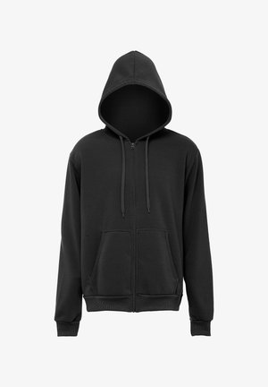 Schwarzer Zip-Hoodie mit einer Fronttasche, gerippten Bündchen und einer Kapuze mit Kordelzug, aus einem weichen, strukturierten Stoff.