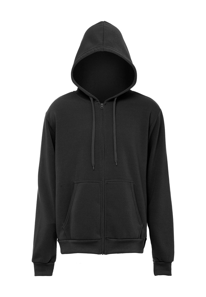Sort zip-up hoodie med en frontlomme, ribbede manchetter og hætte med snøre, lavet af et blødt, tekstureret stof.