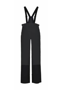 Schwarze wasserdichte Skihosen mit verstellbaren Trägern und verstärkten Unterschenkeln.